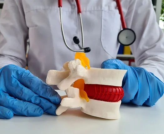 Doctor holding a model of a spine.